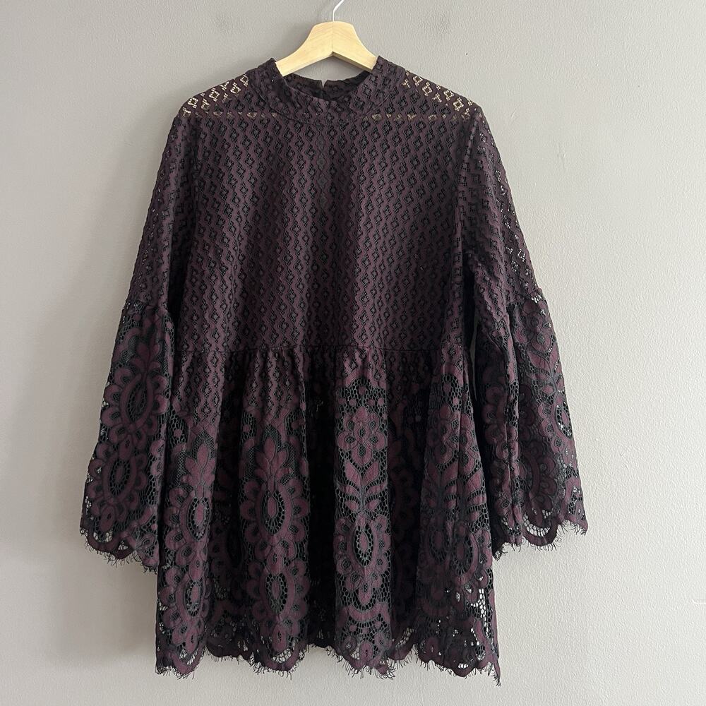 Lane Bryant Babydoll Tunic Floral Lace Bell Sleeve Boho Cottagecore Burgundy 18